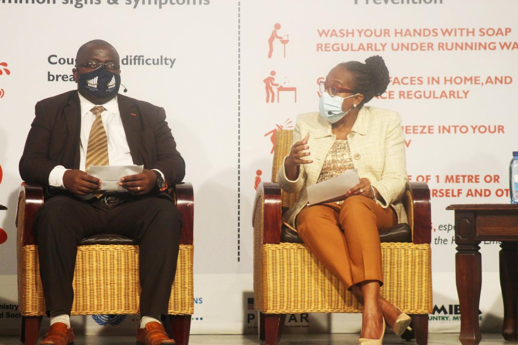 Statistician General for NSA, Alex Shimuafeni and UNFPA, Country Representative Dennia Gayle participating in the panel discussion on the importance of data on COVID-19 Response.