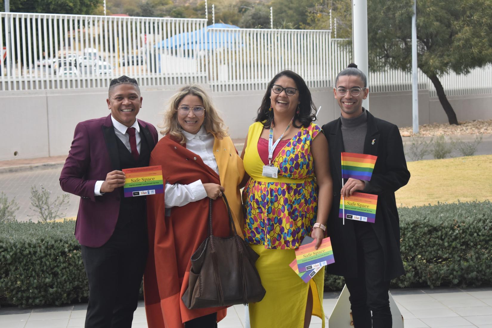 Adriano Visagie, Lize Ehlers, Geraldine Ithana, Rodelio Lewis share their joy in the momentous occasion which saw the pride flag raised at the UN house