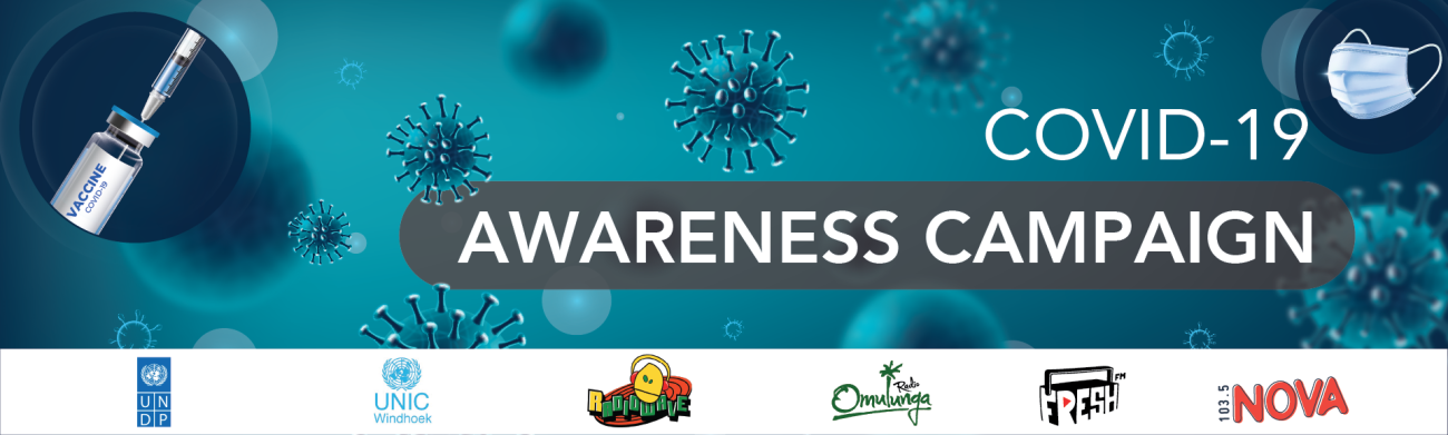 banner showing enlarged viruses, face mask and vaccine dose