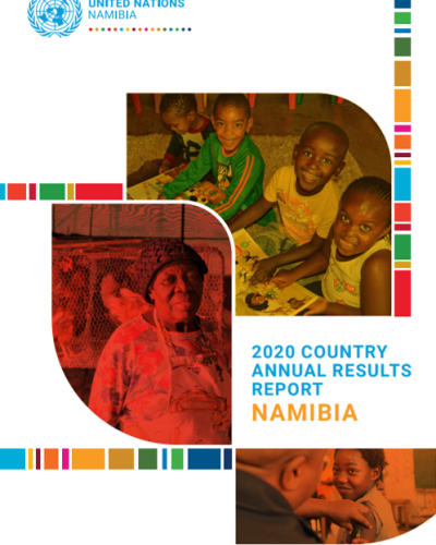 Image shows the front cover of the '2020 Country Annual Results Report Namibia'. On the cover there are three images of Namibians; one of children reading, one of an elderly lady, and one of a person being vaccinated.