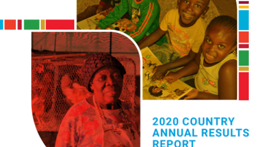 Image shows the front cover of the '2020 Country Annual Results Report Namibia'. On the cover there are three images of Namibians; one of children reading, one of an elderly lady, and one of a person being vaccinated.