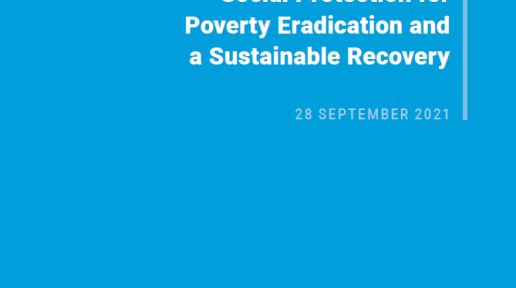 Light blue cover with white text saying "Secretary-General’s  Policy Brief Investing in Jobs and Social Protection for Poverty Eradication and a Sustainable Recovery"